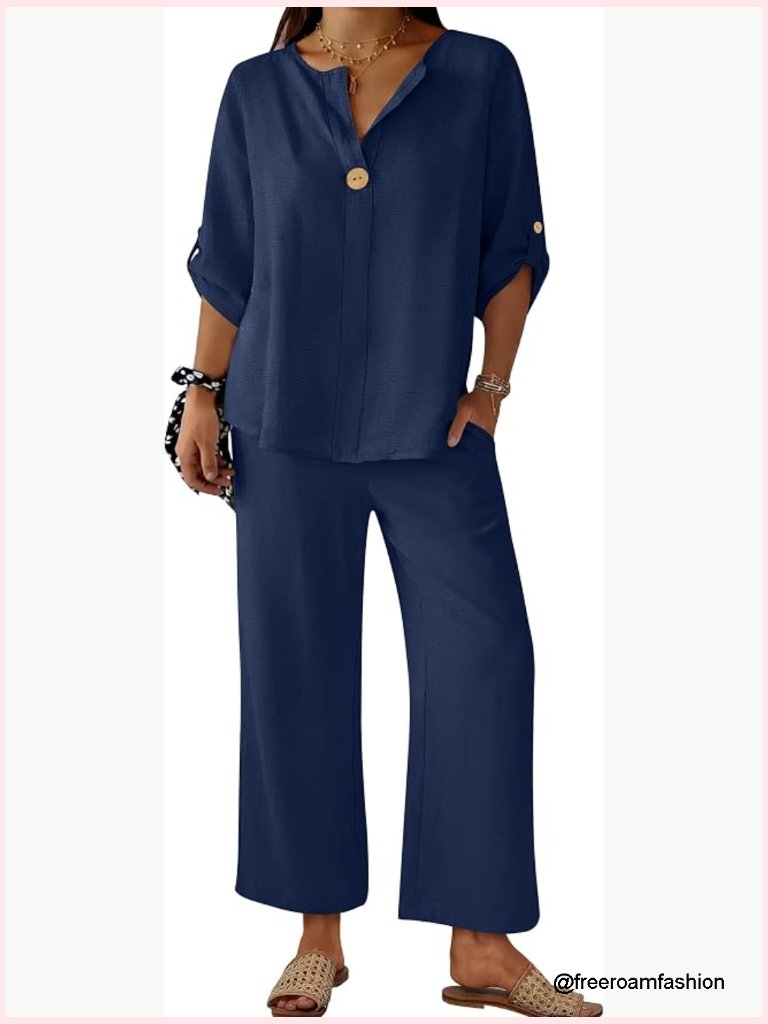 Womens 2 Piece Lounge Set 3/4 Sleeve V Neck Top Wide Leg Palazzo Pants Set